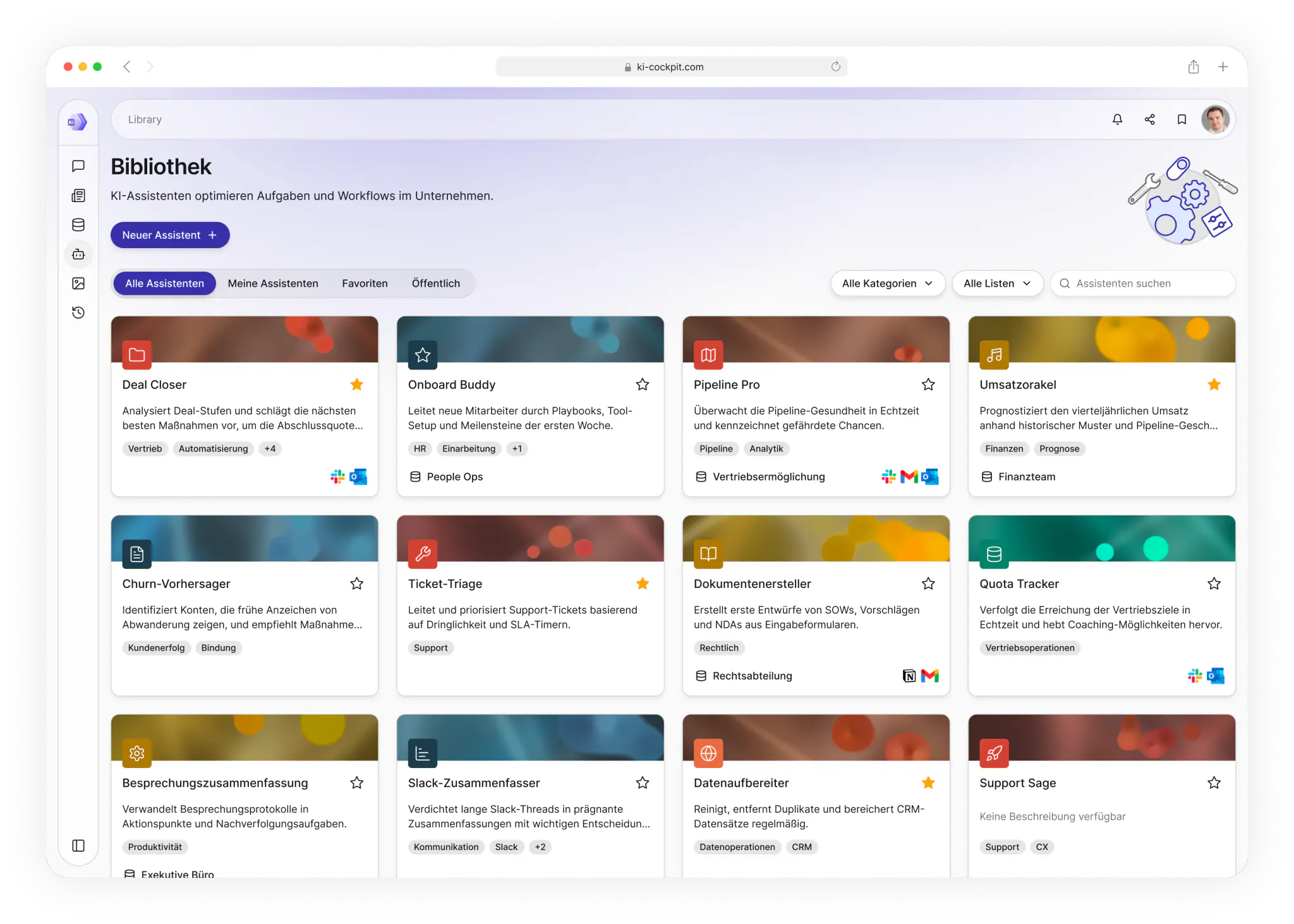 Bibliothek des KI Cockpit im Browserfenster mit Karten vorgefertigter KI-Assistenten wie Deal Closer, Onboard Buddy und Pipeline Pro