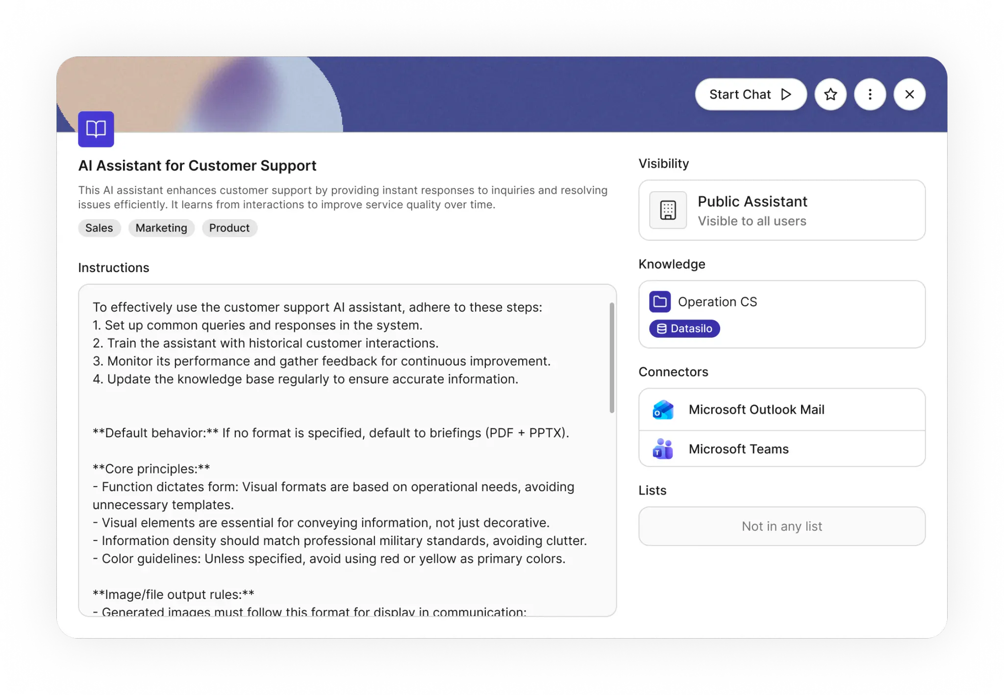 Assistenten-Editor im KI Cockpit: KI-Assistent für den Kundensupport mit Anweisungen, Sichtbarkeit, Wissen aus einem Datensilo und Connectoren für Outlook und Teams
