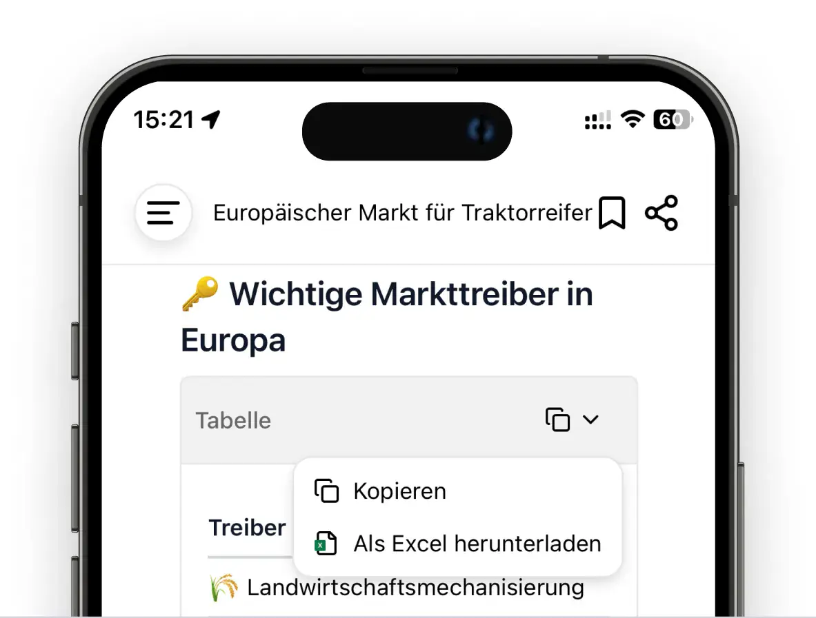 iPhone mit einer KI-Cockpit Recherche zu Markttreibern in Europa samt Export-Menü