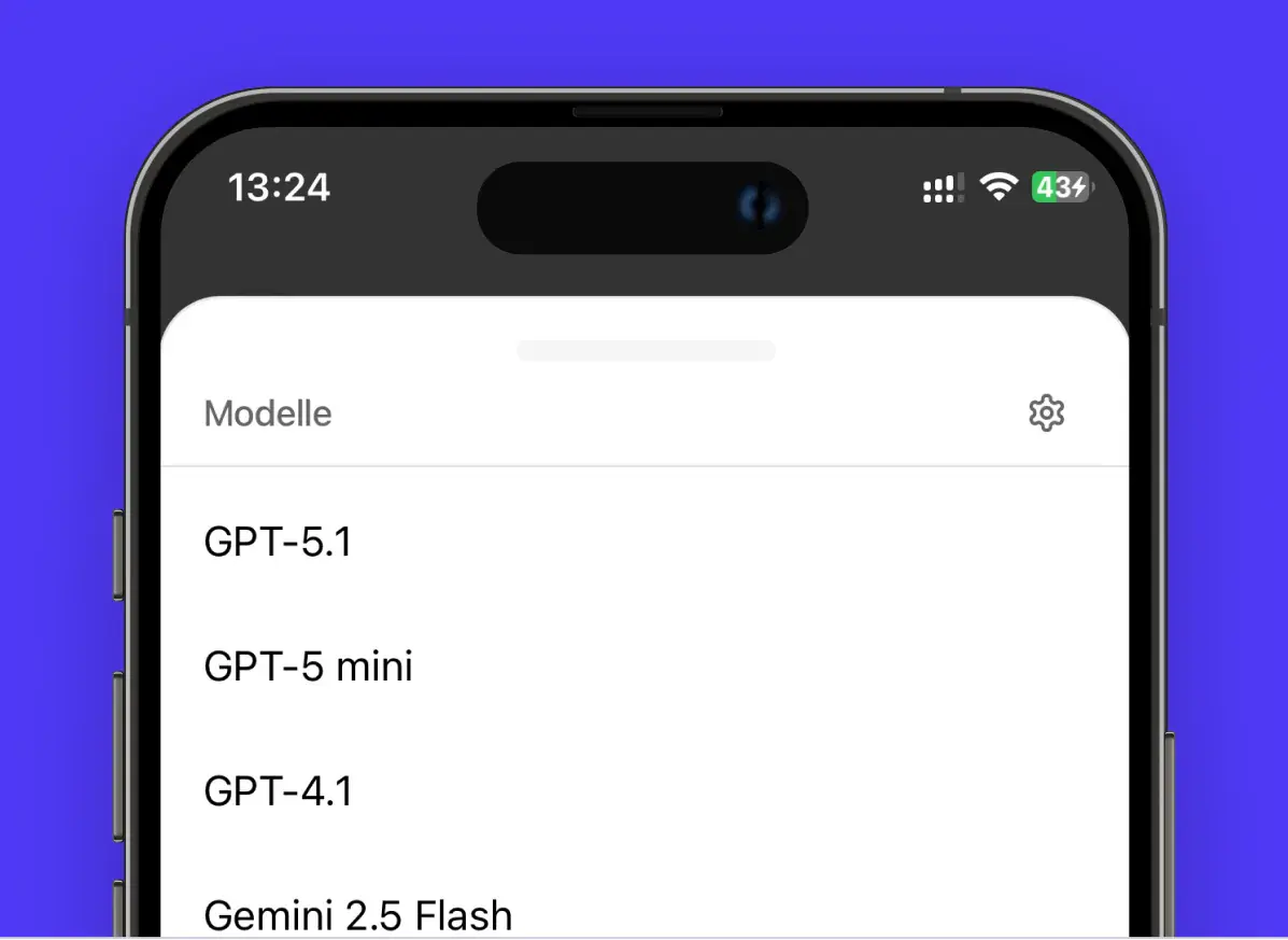 iPhone mit der KI-Cockpit Modellauswahl, unter anderem GPT-5.1 und Gemini 2.5 Flash