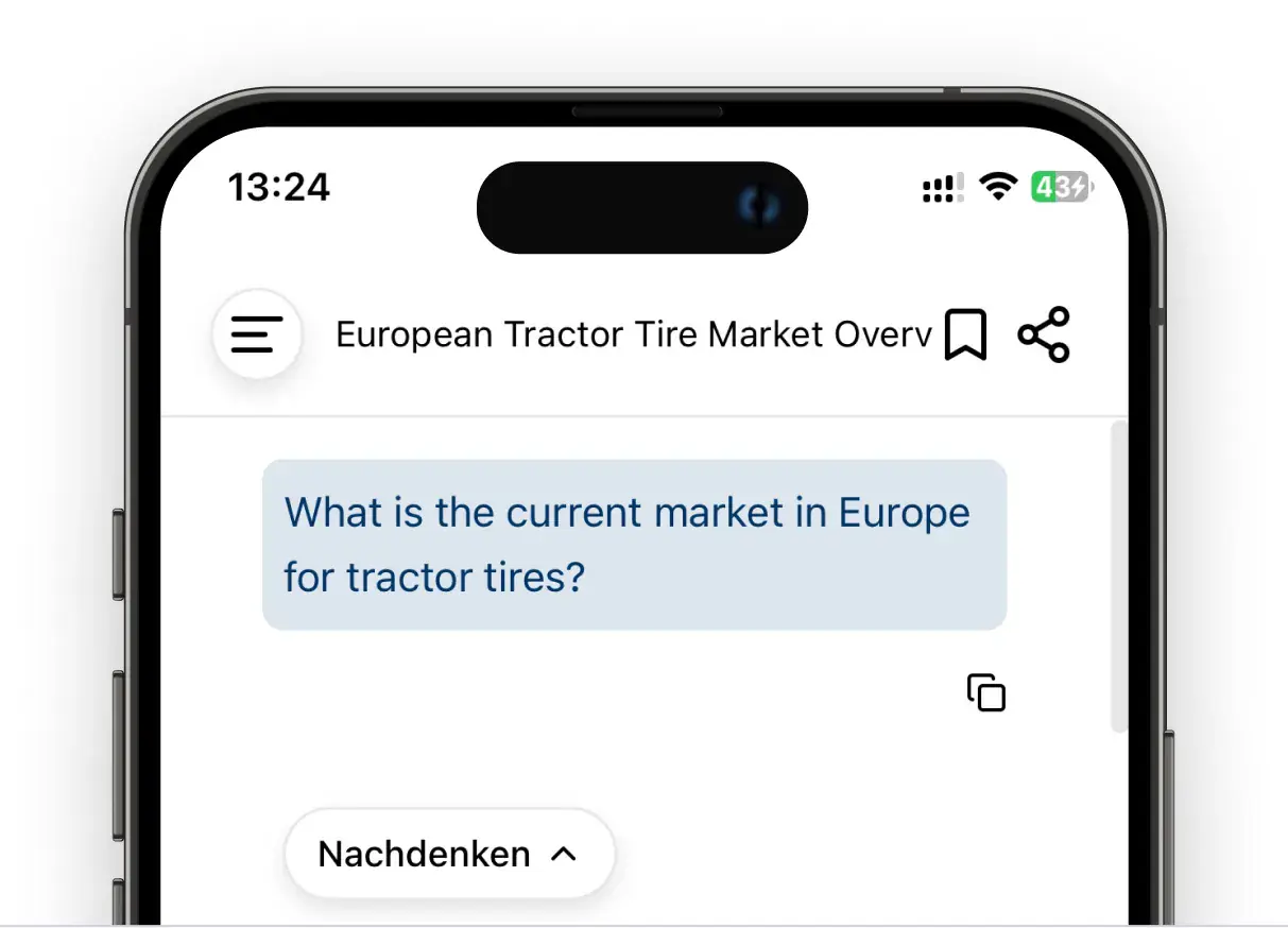 iPhone mit einer KI-Cockpit Websuche zum europäischen Traktorreifen-Markt