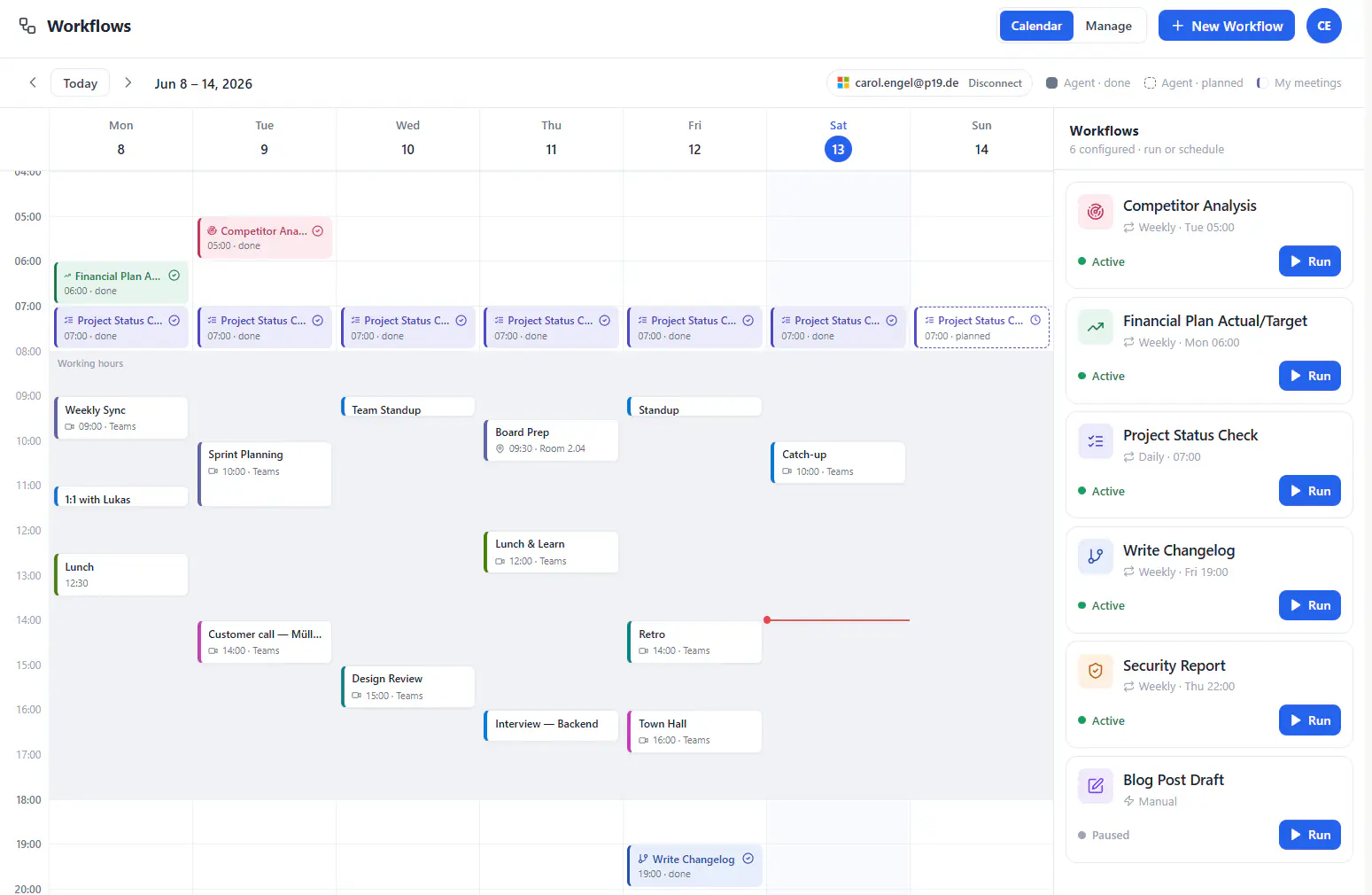 KI Cockpit Workflows: Wochenkalender mit von KI-Agenten erledigten und geplanten Aufgaben sowie konfigurierten Workflows wie Competitor Analysis und Project Status Check