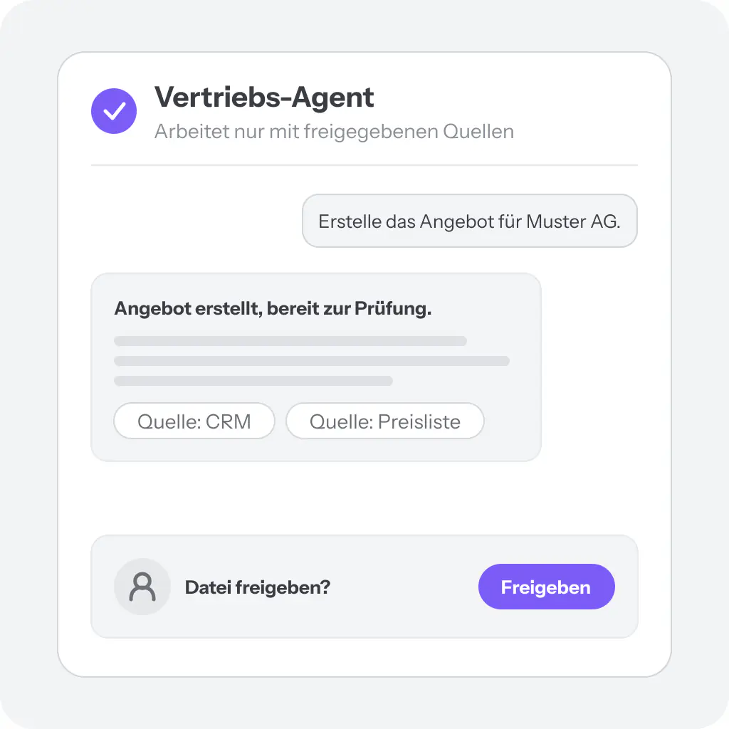 Chat-Oberfläche des Vertriebs-Agenten: Er arbeitet nur mit freigegebenen Quellen, erstellt ein Angebot aus CRM und Preisliste und Mitarbeitende geben die Datei per Klick frei