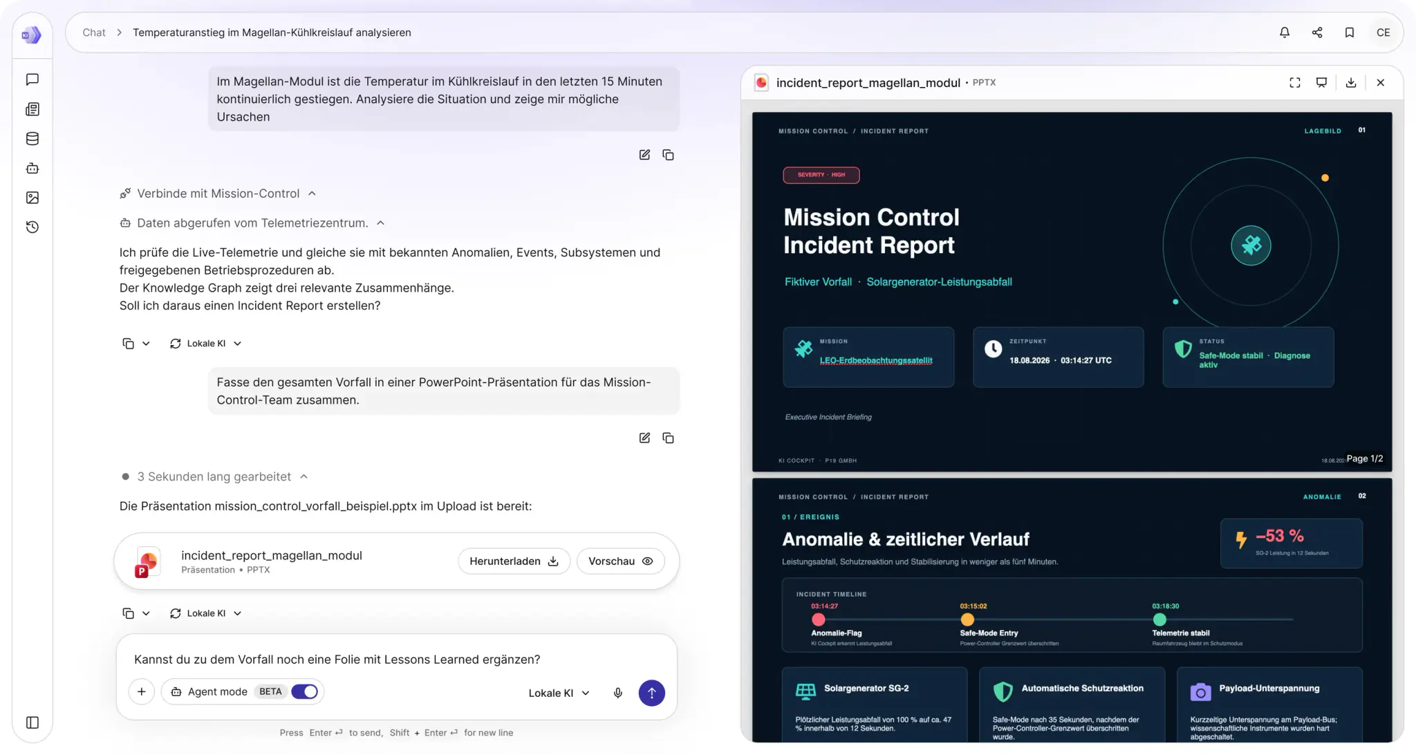 KI Cockpit Oberfläche: Der Chat analysiert einen Telemetrie-Vorfall über Mission-Control und erstellt daraus einen Incident Report als PowerPoint-Präsentation