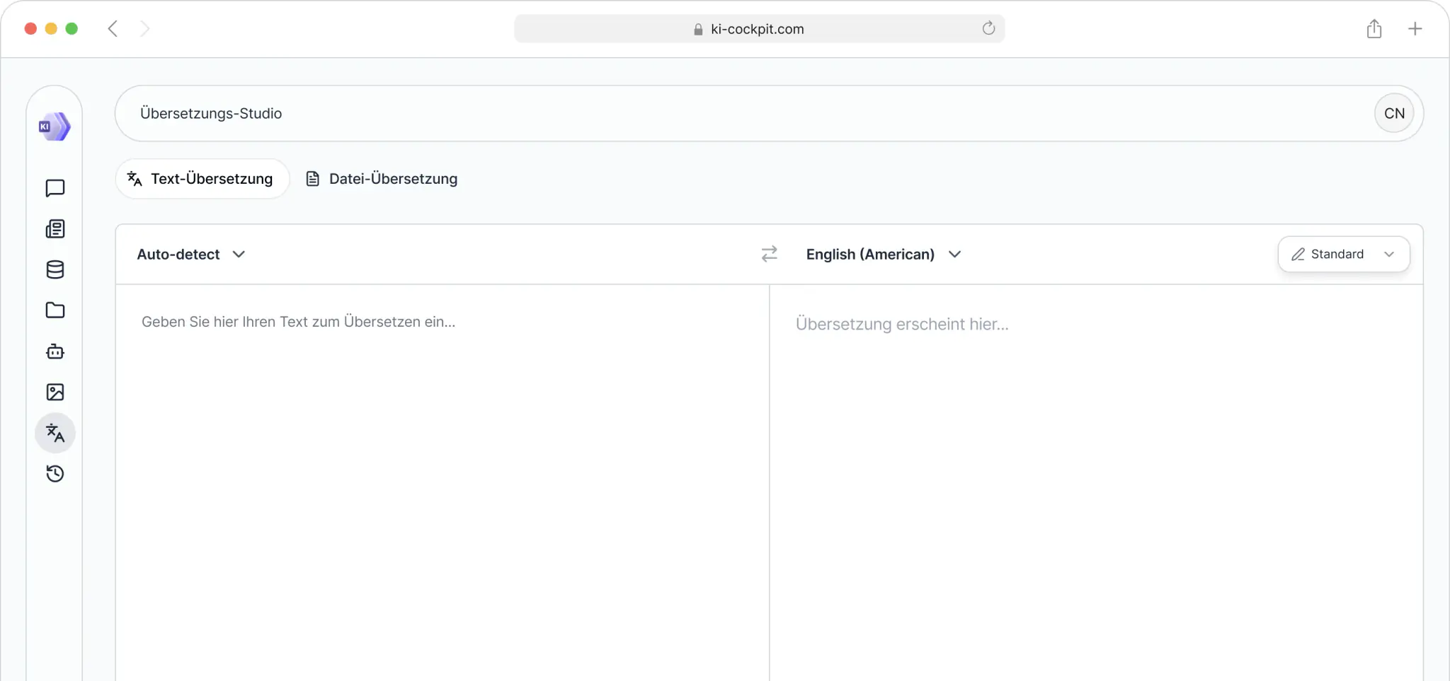 Translation Studio des KI Cockpit mit Text- und Datei-Übersetzung nebeneinander im Browserfenster